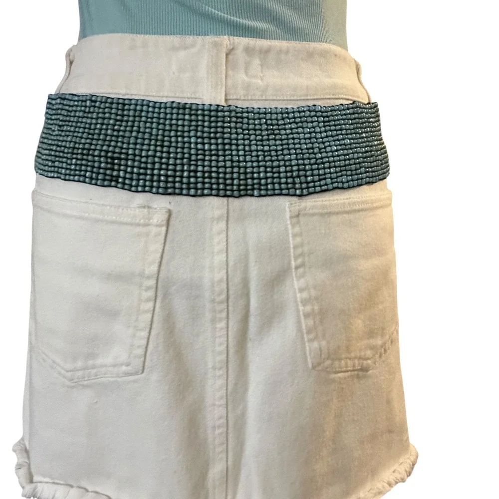 Vintage Beaded Boho Wood Buckle Waist Belt Light Blue Festival Coastal Aesthetic
